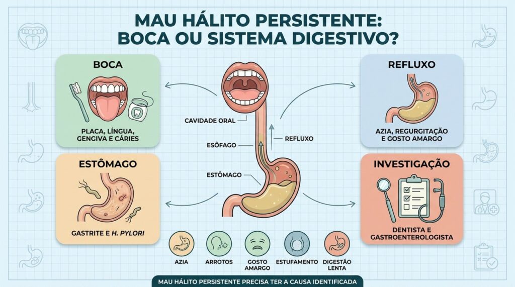 Boca, refluxo, estômago e sintomas associados orientam a investigação da halitose.