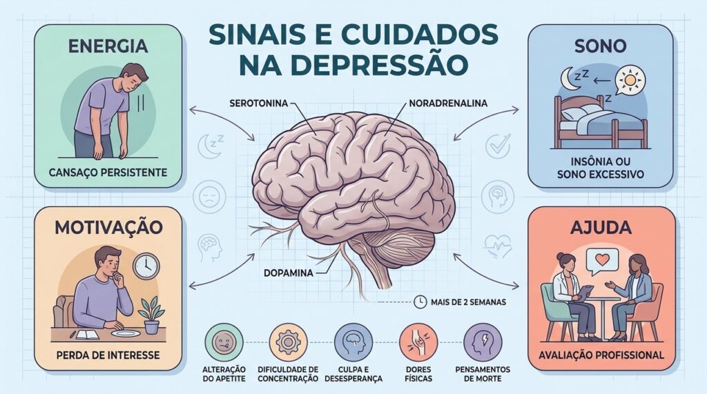 Energia, sono, motivação e avaliação profissional ajudam a reconhecer sinais persistentes de depressão.