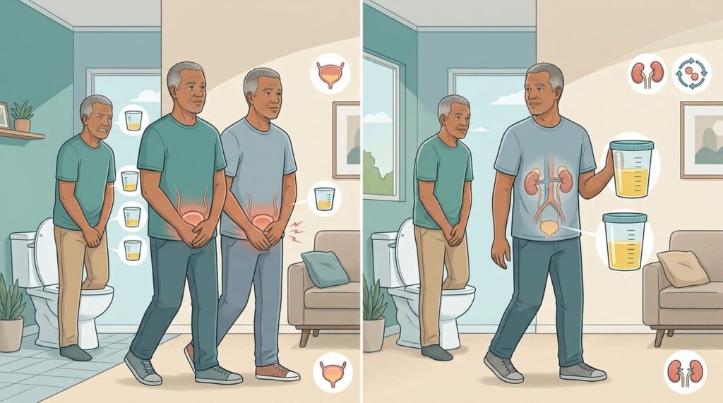 Frequência e volume urinário apontam para causas diferentes durante a investigação médica.