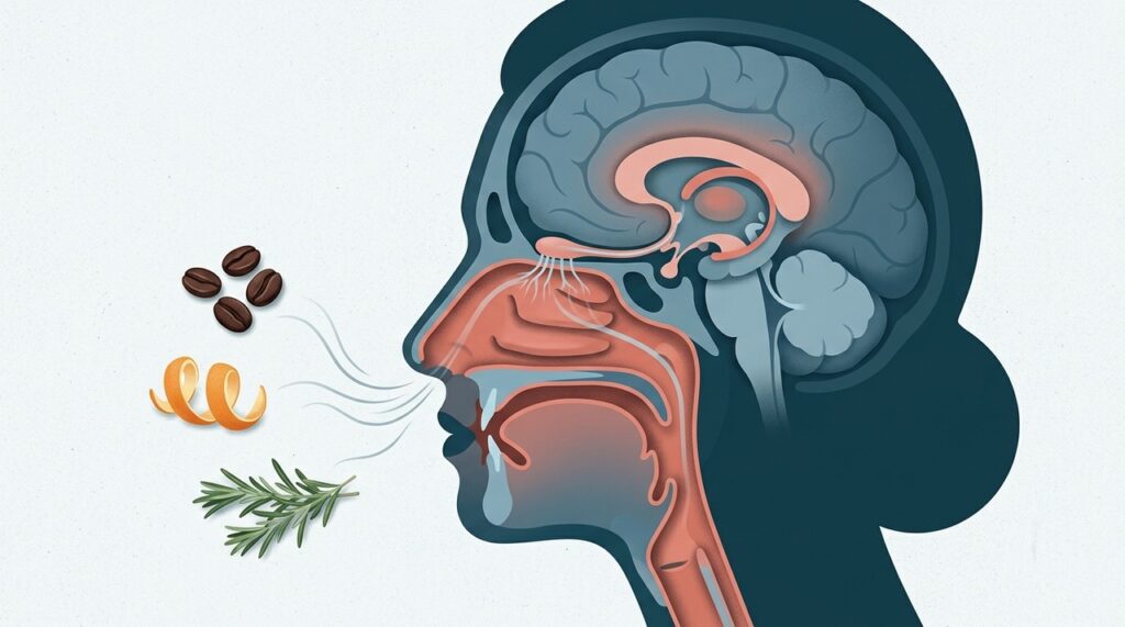 O olfato depende de receptores no nariz e de áreas cerebrais que identificam e interpretam os cheiros.