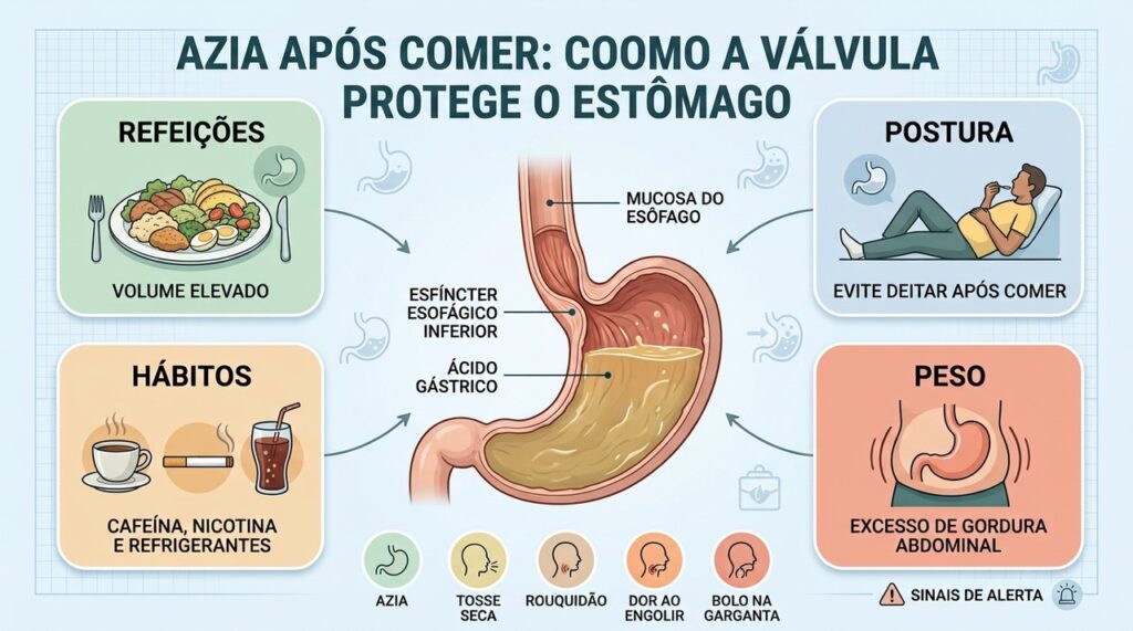 Quatro fatores podem favorecer o refluxo: refeições volumosas, postura, hábitos e pressão abdominal.
