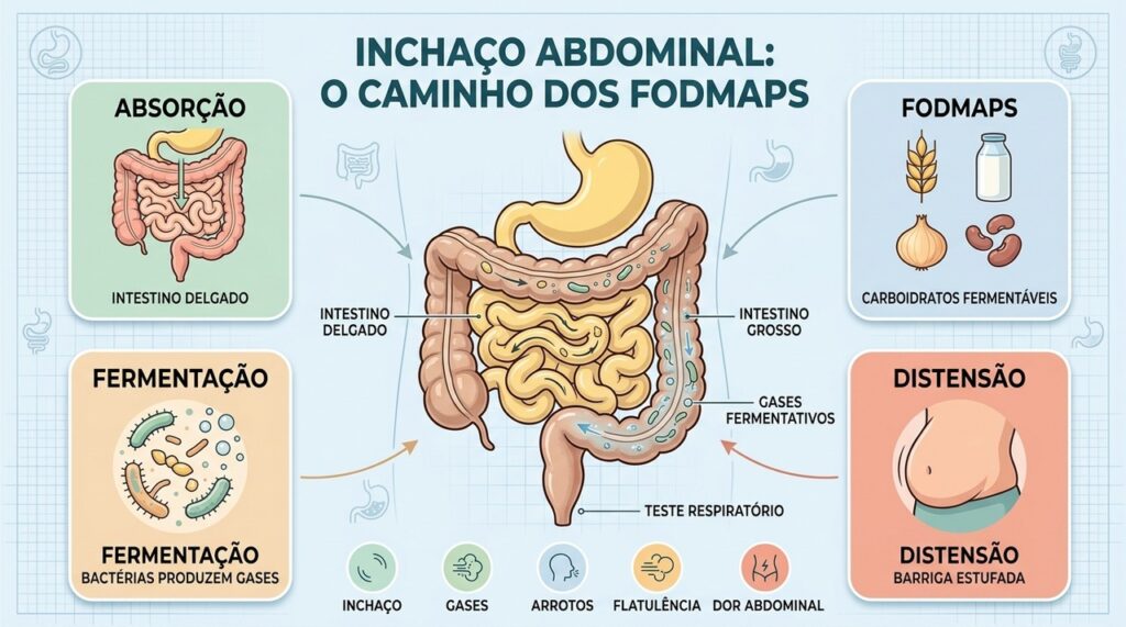 FODMAPs mal absorvidos podem fermentar no intestino, produzindo gases e distensão abdominal progressiva.