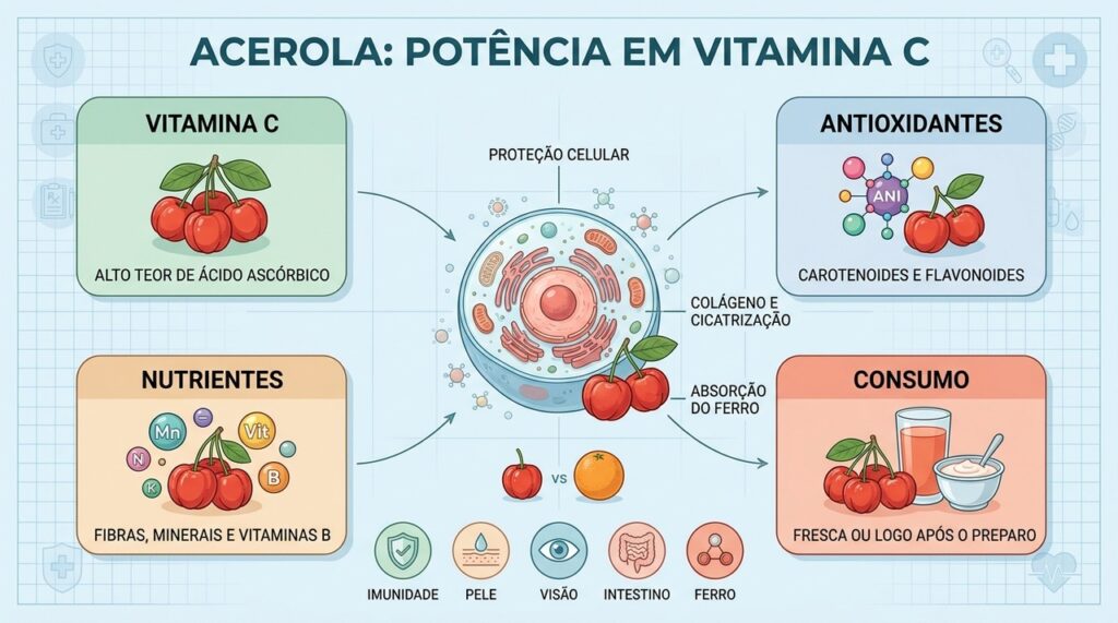 Quatro pilares destacam a vitamina C, antioxidantes, nutrientes e formas práticas de consumo da acerola.