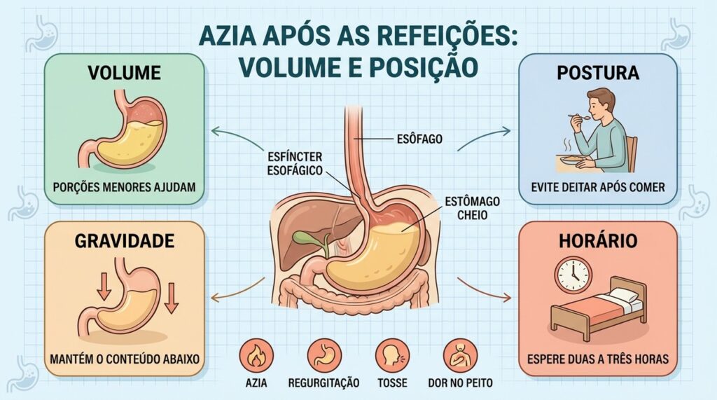 Quatro pilares ajudam a controlar a azia: volume, postura, gravidade e intervalo antes de deitar.