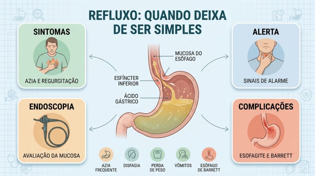 Sintomas persistentes, sinais de alarme, endoscopia e complicações orientam a investigação da DRGE.