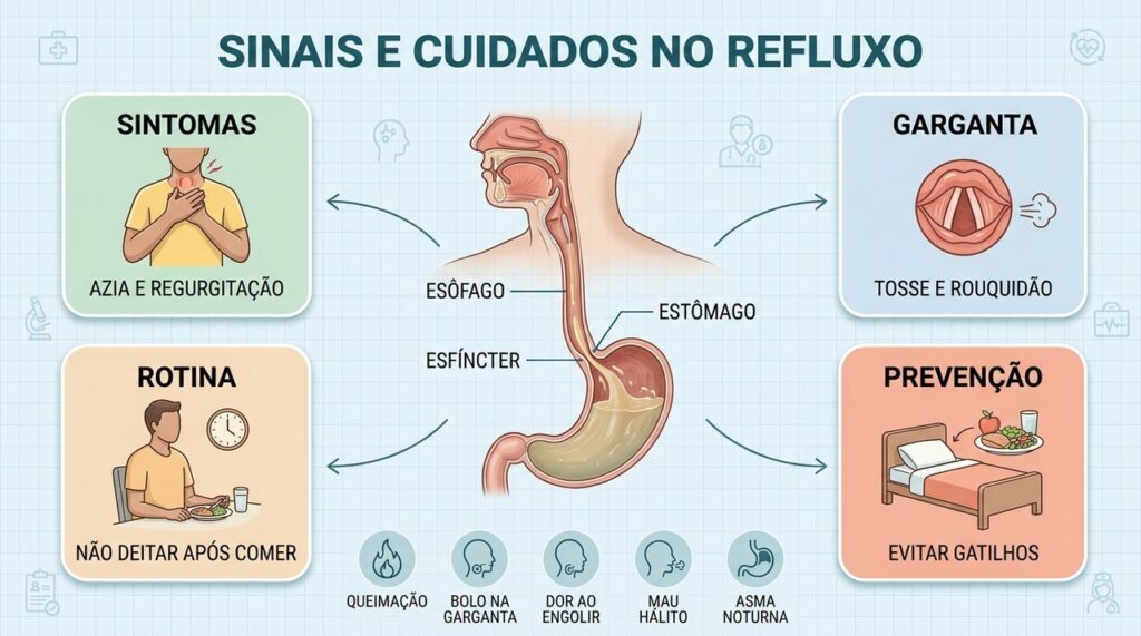 Sintomas digestivos e respiratórios podem revelar refluxo e orientar mudanças na rotina.