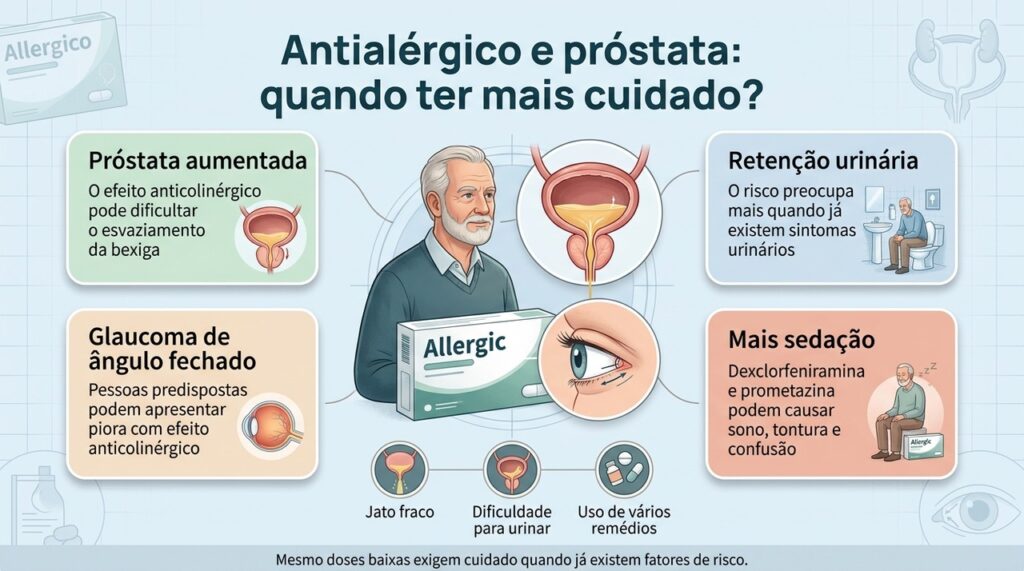 Homens com sintomas urinários e pessoas predispostas ao glaucoma devem ter cuidado com antialérgicos de primeira geração.