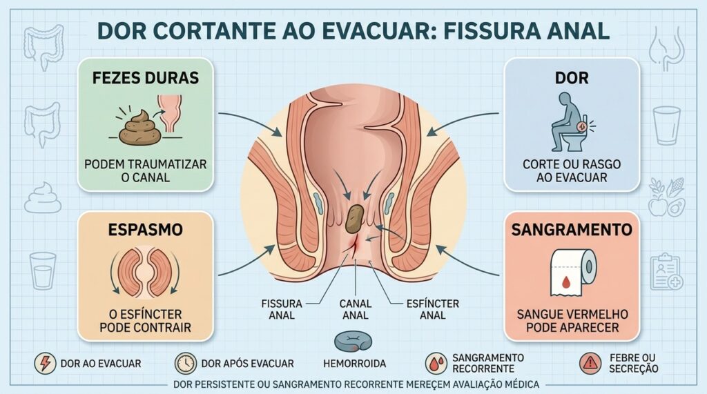 Fezes endurecidas, fissura e espasmo do esfíncter podem formar um ciclo doloroso.
