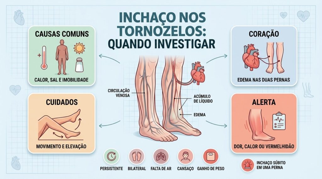 Persistência, bilateralidade e sintomas associados ajudam a decidir quando investigar o edema nos tornozelos.