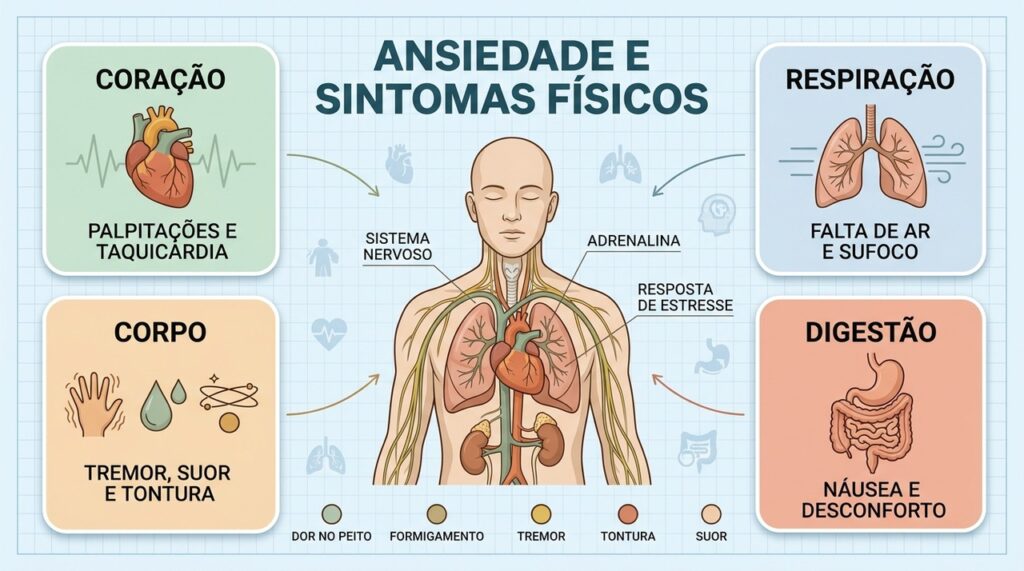 Ansiedade pode ativar coração, respiração, músculos e digestão, produzindo sintomas físicos intensos e reais.