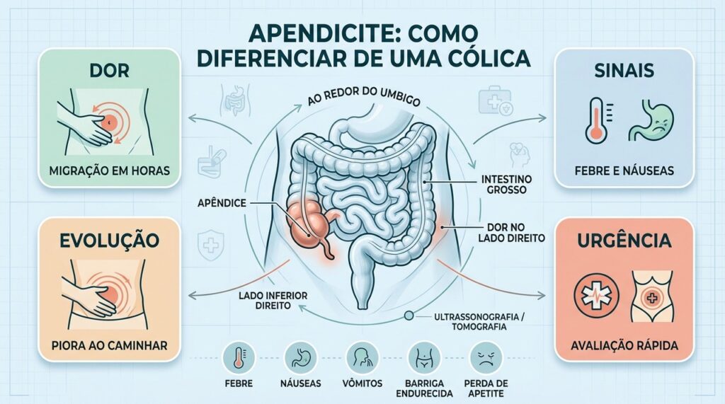 Migração da dor, febre, vômitos e rigidez abdominal ajudam a reconhecer sinais de apendicite.