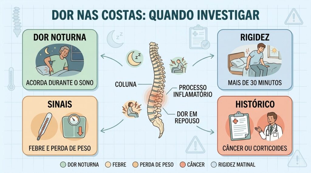 Dor noturna, rigidez e sinais sistêmicos são bandeiras vermelhas para investigar a coluna.