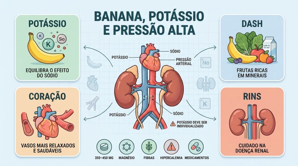 Potássio, dieta DASH e equilíbrio renal explicam os cuidados com banana na hipertensão.