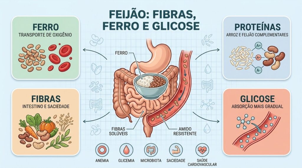 Quatro pilares mostram como feijão e arroz contribuem para ferro, fibras, proteínas e glicemia.