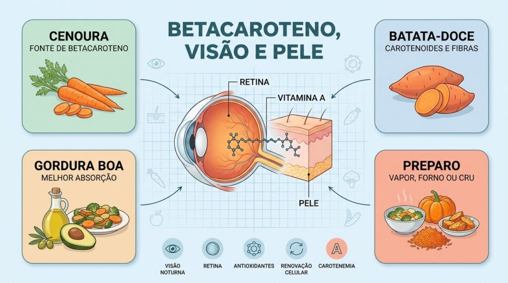 Quatro pilares mostram como betacaroteno, preparo e gorduras boas favorecem visão e pele.