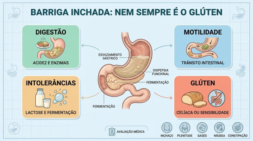 Digestão, motilidade, intolerâncias e glúten podem participar de sintomas digestivos por diferentes mecanismos.