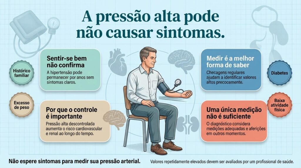 A hipertensão frequentemente não causa sintomas, e a aferição periódica é essencial para detectar alterações antes das complicações.