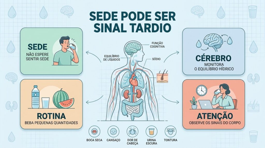 Sede tardia, urina escura, cansaço e tontura podem indicar falta de hidratação.