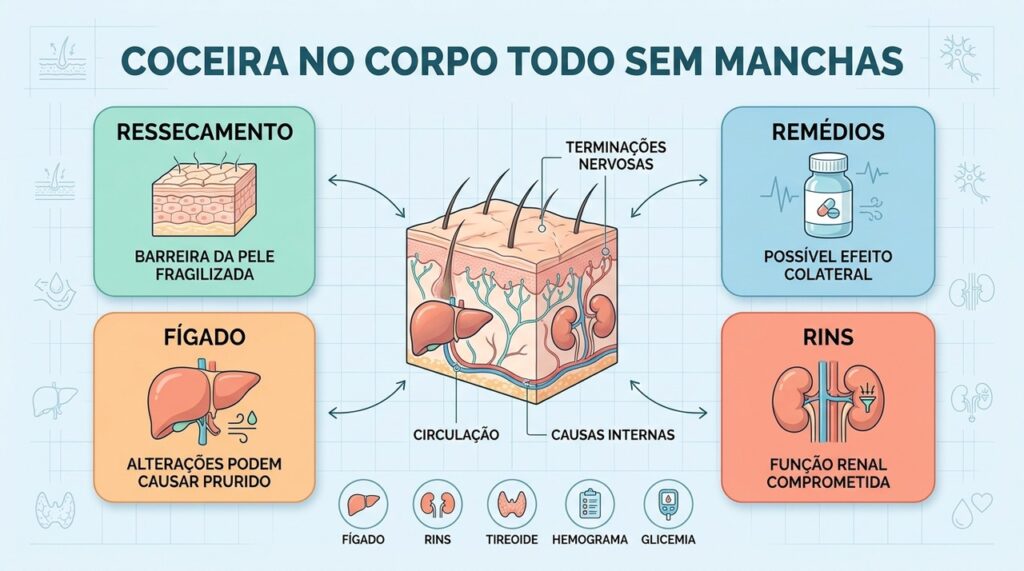 Ressecamento, medicamentos, fígado e rins estão entre as causas investigadas do prurido sem manchas.