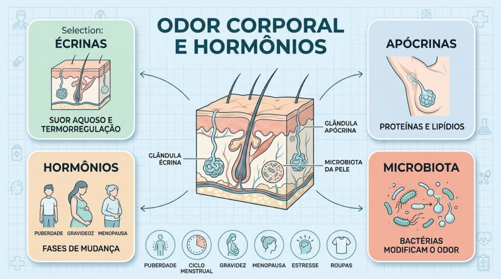 Glândulas, hormônios, microbiota e hábitos cotidianos influenciam juntos as mudanças no odor corporal.