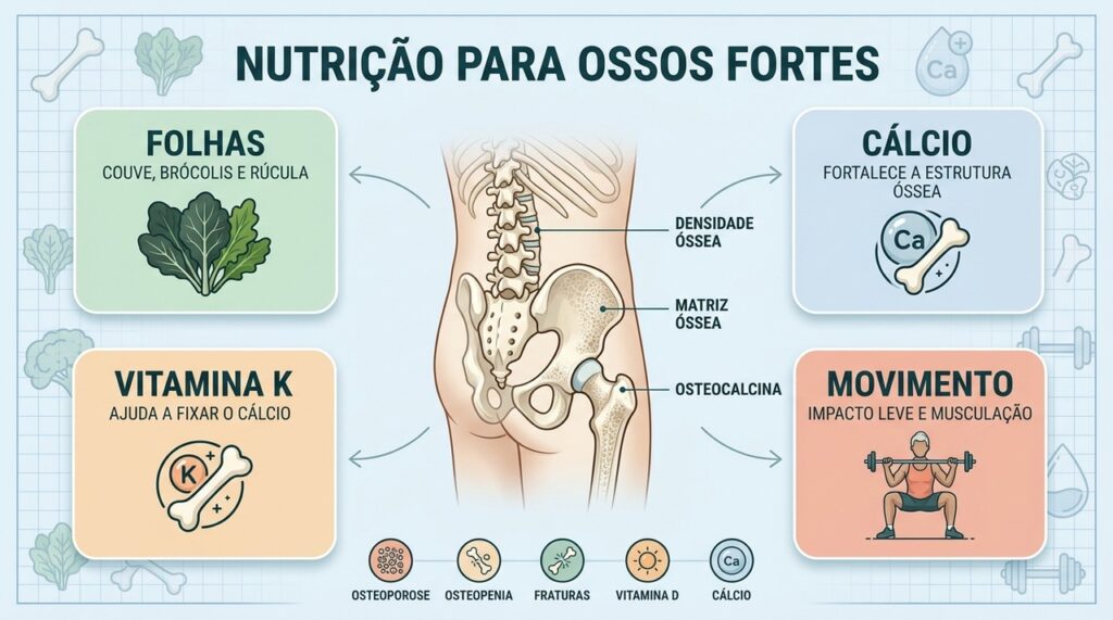 Cálcio, vitamina K, vitamina D, alimentação equilibrada e exercício protegem a estrutura óssea.