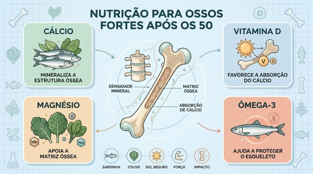 Quatro pilares nutricionais ajudam a preservar densidade mineral e resistência dos ossos.