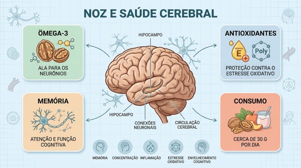 Nozes fornecem ALA, antioxidantes e nutrientes associados à proteção da função cognitiva.