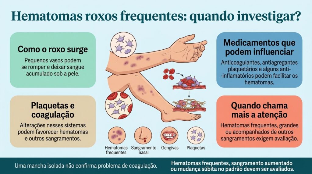 O padrão, a frequência e a presença de outros sangramentos ajudam a decidir quando manchas roxas precisam de investigação.