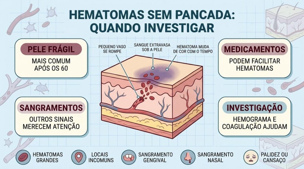 Pele frágil, medicamentos, sangramentos associados e exames orientam a investigação dos hematomas.