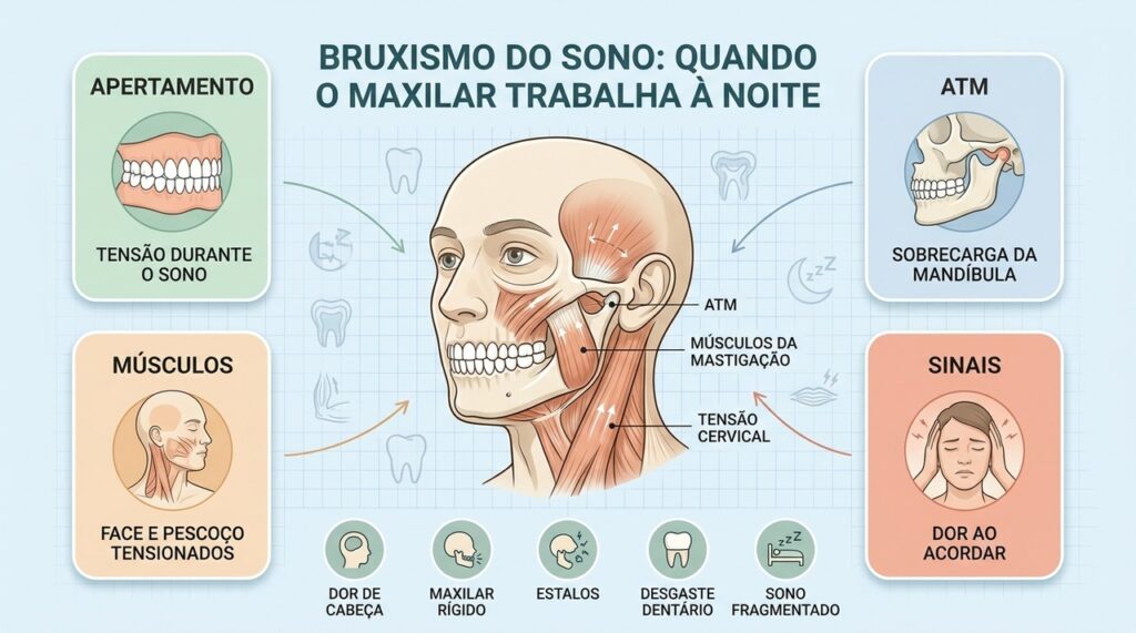 Apertamento, sobrecarga da ATM e tensão muscular explicam muitos sintomas do bruxismo noturno.