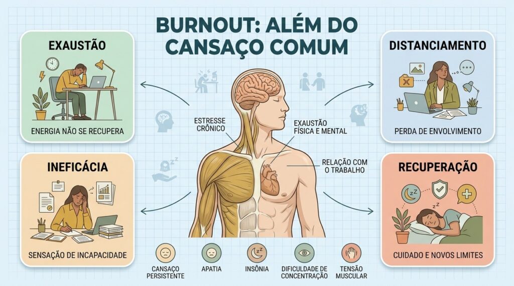Exaustão, distanciamento emocional e sensação de ineficácia diferenciam o burnout do cansaço passageiro.