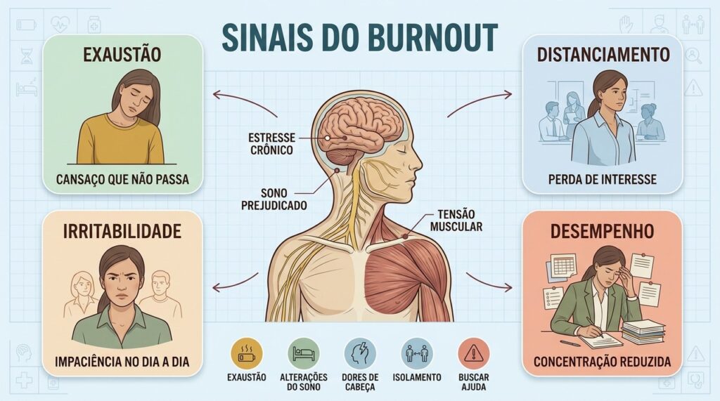 Exaustão persistente, distanciamento, irritabilidade e queda de desempenho são sinais de alerta.
