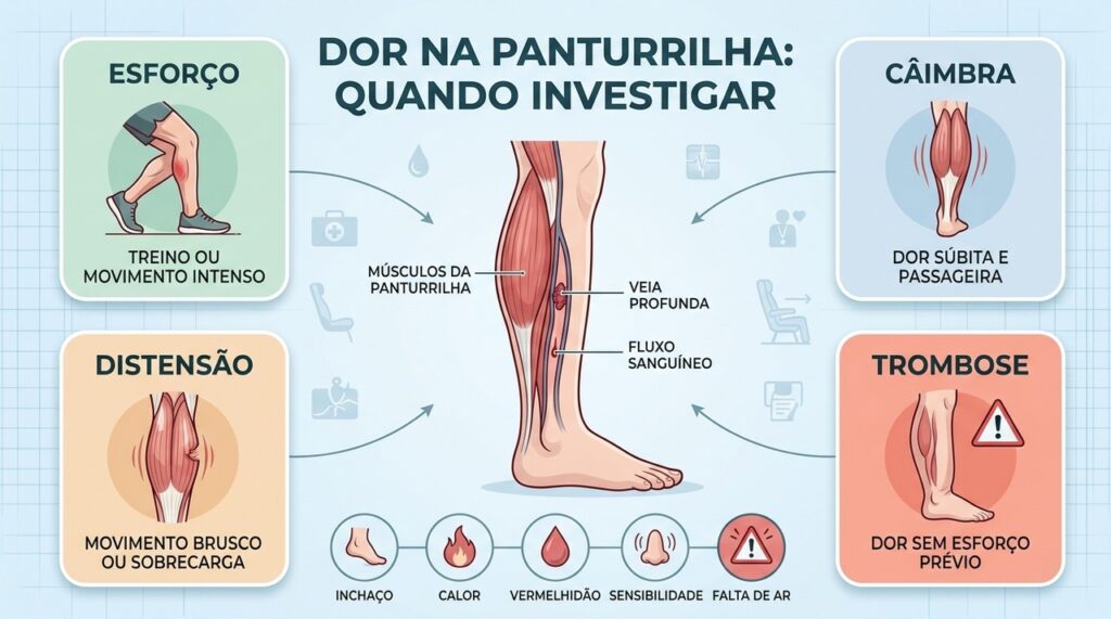 Esforço, câimbra, distensão e trombose podem causar dor, mas apresentam contextos diferentes.
