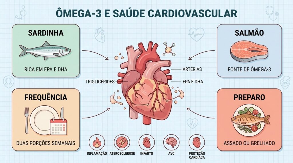 EPA e DHA ajudam a controlar triglicérides, enquanto escolhas culinárias favorecem a proteção cardiovascular.