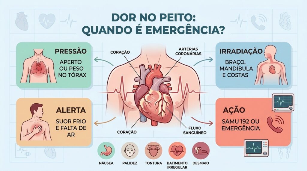Pressão no peito, irradiação e sinais associados ajudam a reconhecer possíveis emergências cardíacas.