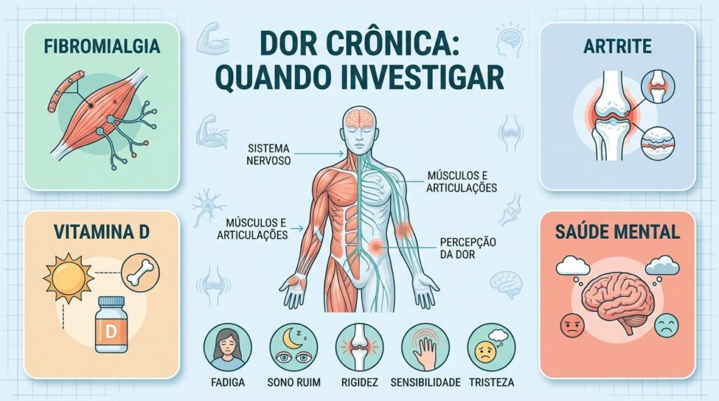 Fibromialgia, artrite, vitamina D e saúde mental ajudam a explicar dores crônicas persistentes.