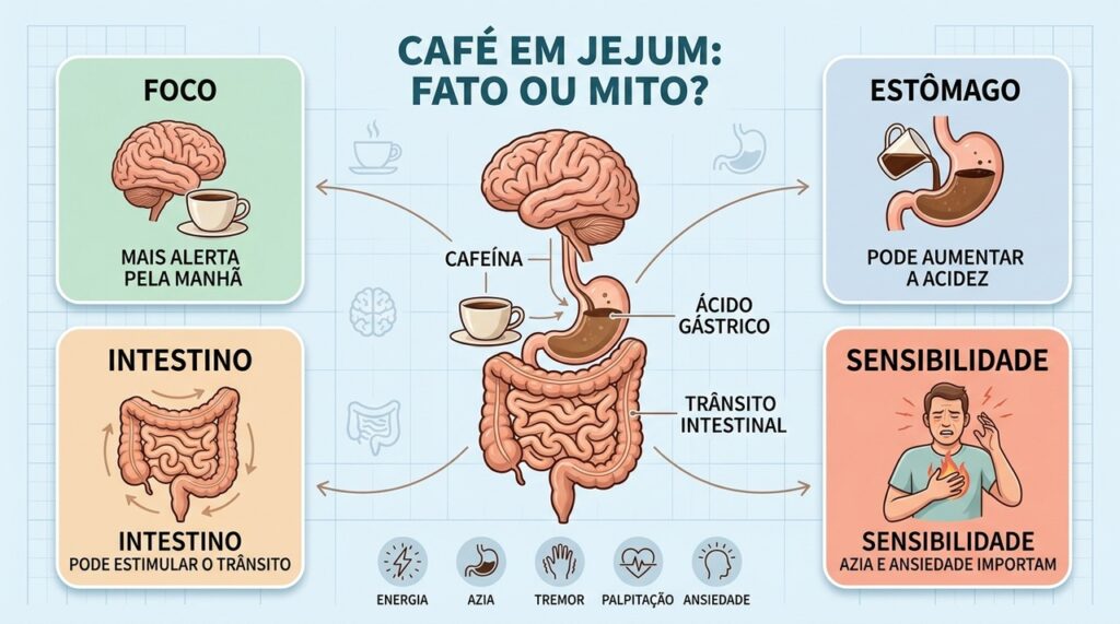 Foco, acidez, trânsito intestinal e sensibilidade ajudam a entender o café em jejum.