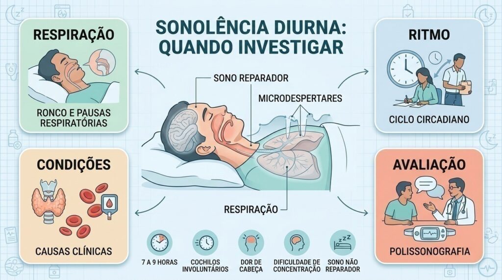 Ronco, pausas respiratórias e cochilos involuntários ajudam a orientar a investigação da sonolência excessiva.