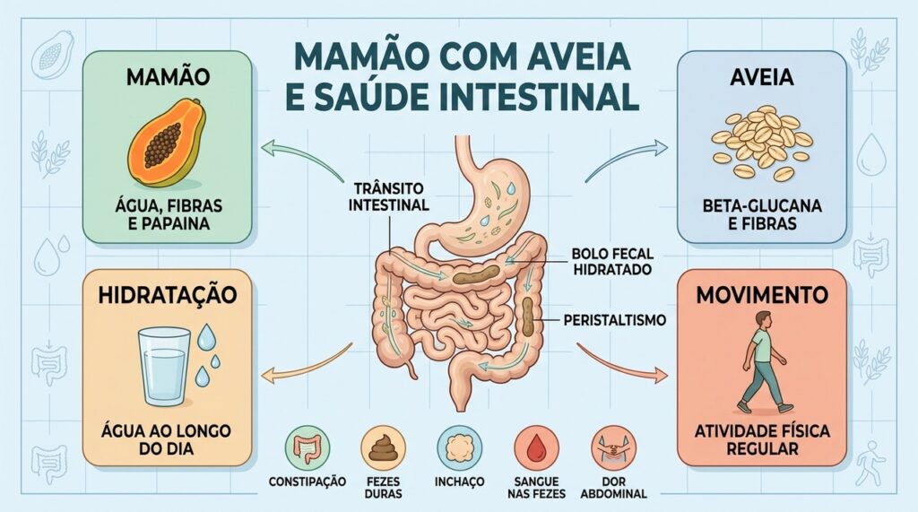 Fibras, hidratação e movimento trabalham juntos para favorecer o trânsito intestinal.