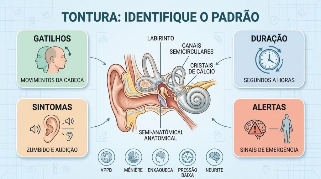 Duração, gatilhos e sintomas associados ajudam a diferenciar VPPB, Ménière e outras causas.
