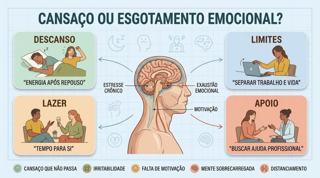 Descanso recupera o cansaço comum; limites, apoio e mudanças de rotina ajudam no esgotamento emocional.