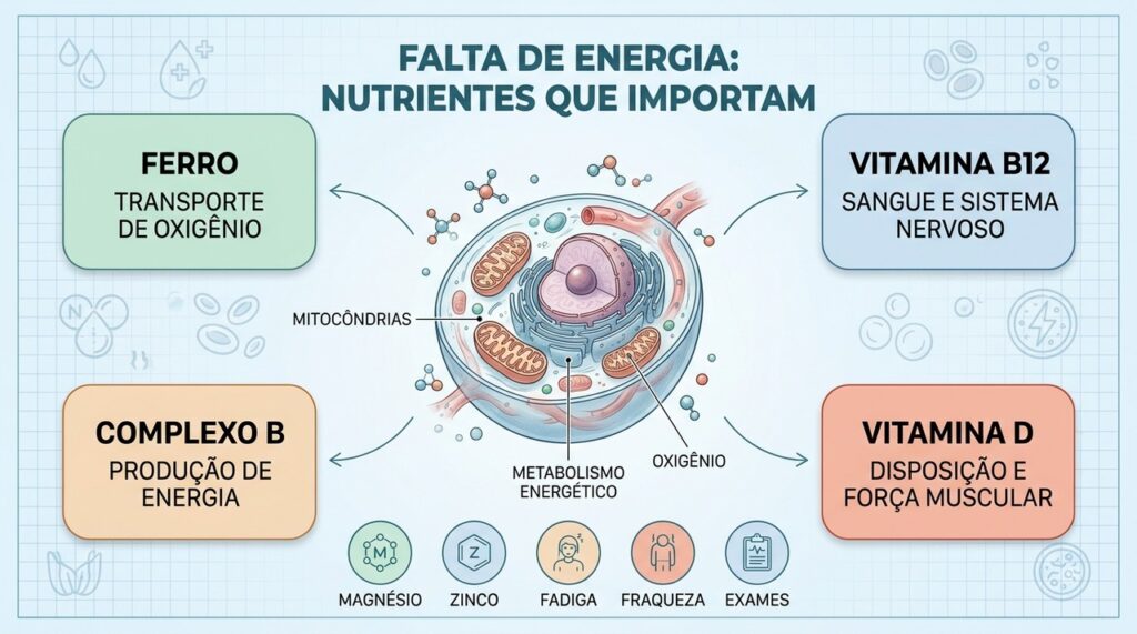 Ferro, B12, complexo B e vitamina D ajudam a investigar causas nutricionais da fadiga persistente.