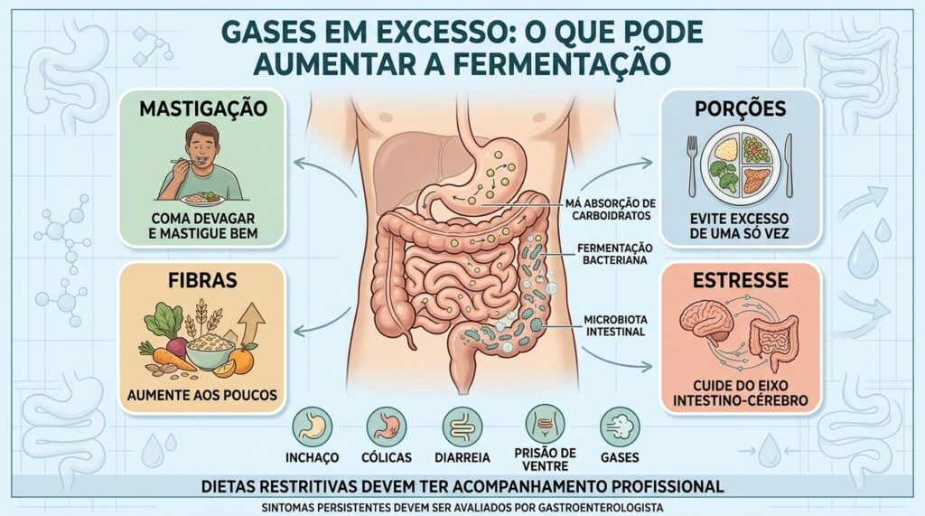 Mastigação, porções, fibras e estresse influenciam fermentação e produção excessiva de gases.