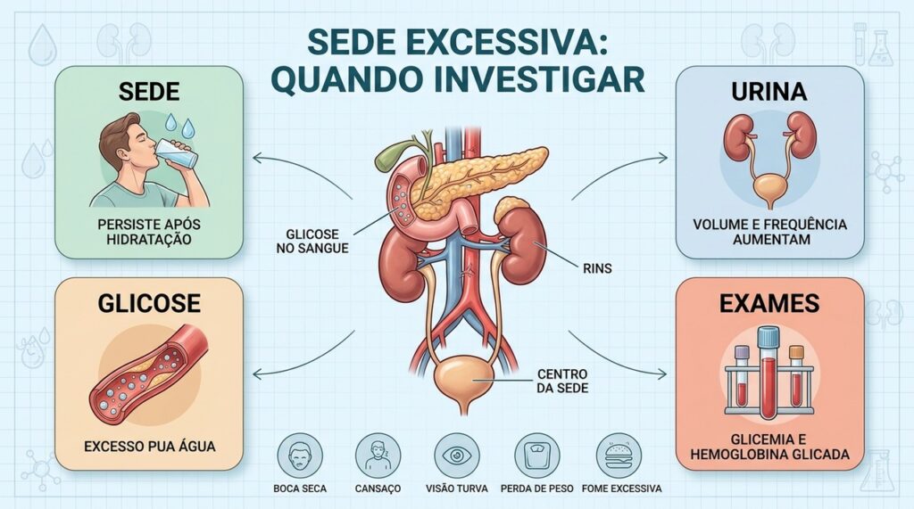 Sede, urina frequente e alterações metabólicas orientam quando investigar possível diabetes.