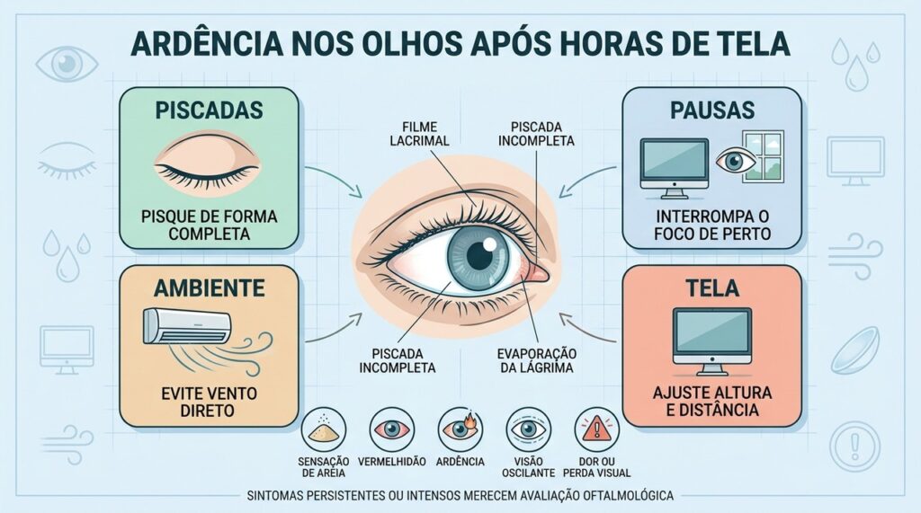 Piscadas completas, pausas, ambiente adequado e ajuste da tela ajudam no conforto ocular.