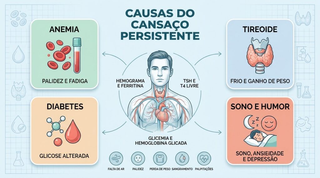 Anemia, tireoide, diabetes e alterações do sono estão entre causas investigadas no cansaço persistente.