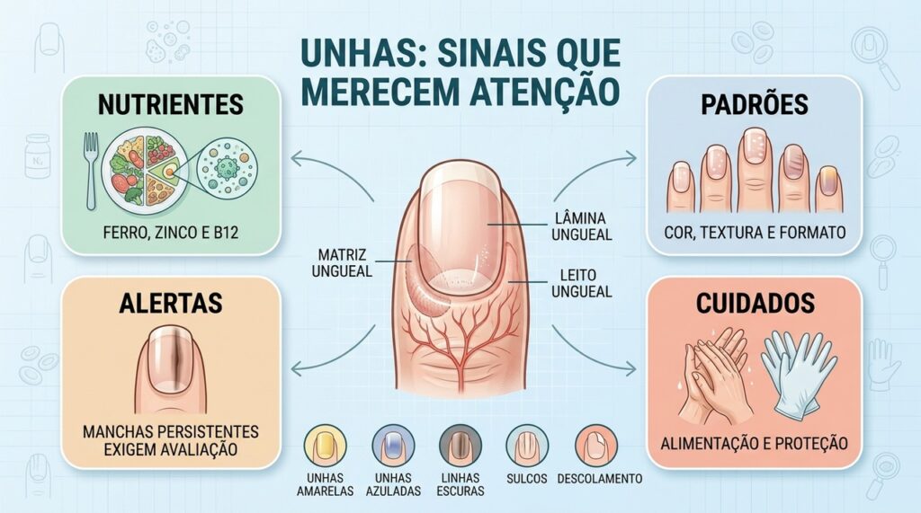 Cor, textura e formato das unhas podem sinalizar deficiências ou alterações sistêmicas.