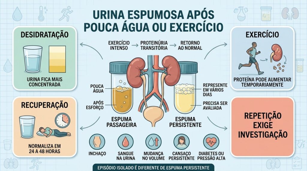Hidratação, exercício, recuperação e persistência ajudam a interpretar a espuma urinária.