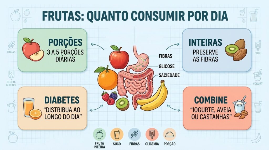 Porções, fibras, escolhas e combinações influenciam o impacto das frutas na glicemia.
