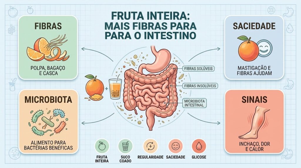 Fibras da fruta inteira favorecem microbiota, saciedade, regularidade intestinal e resposta glicêmica.